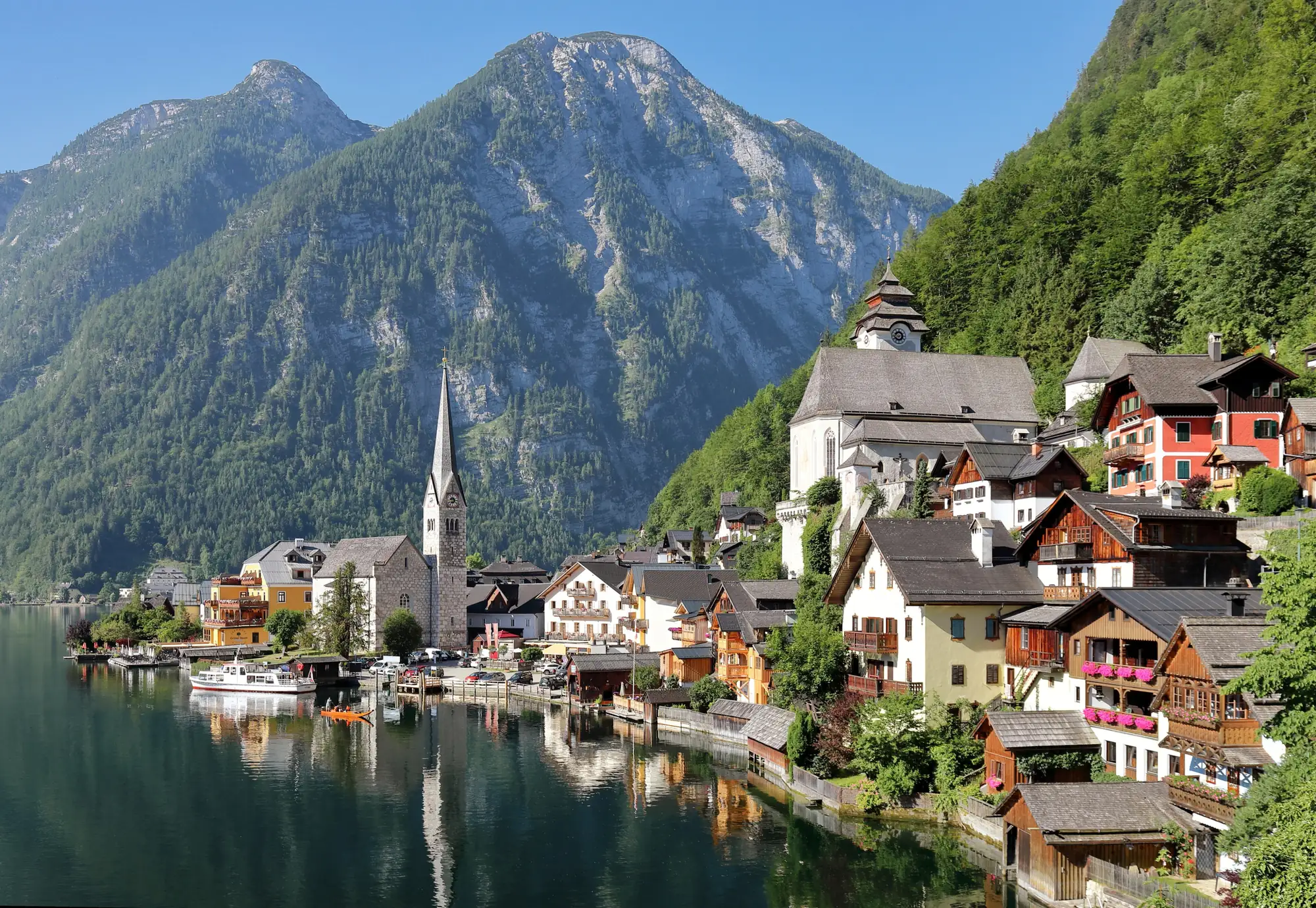 The lakeside village of Hallstatt, Austria, with mountains behind